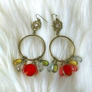 Dangly Gold & Red Beaded Flower Earrings